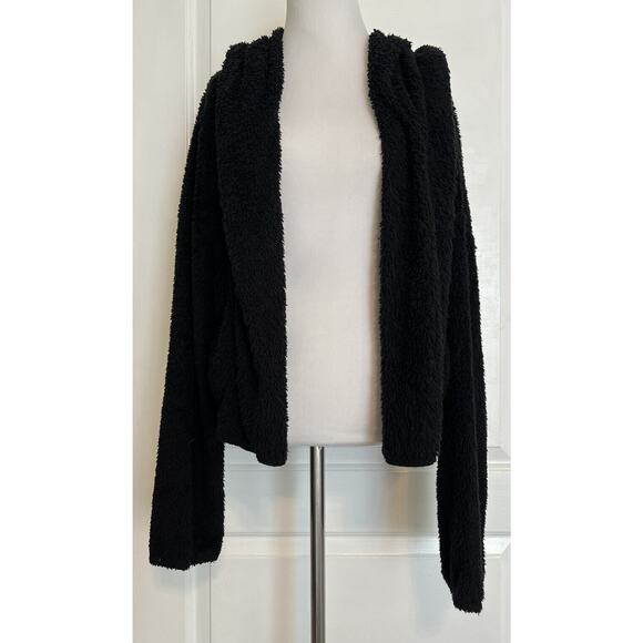 FAVLUX Fluffy Black Sherpa Teddy Open Front Jacket Coat Fall Spring Soft Cozy L - Picture 2 of 8